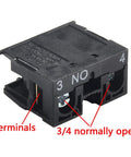Five Piece Heavy Duty Push Button Switch Normal Open Configuration showing terminals and 3/4 normally open detail.