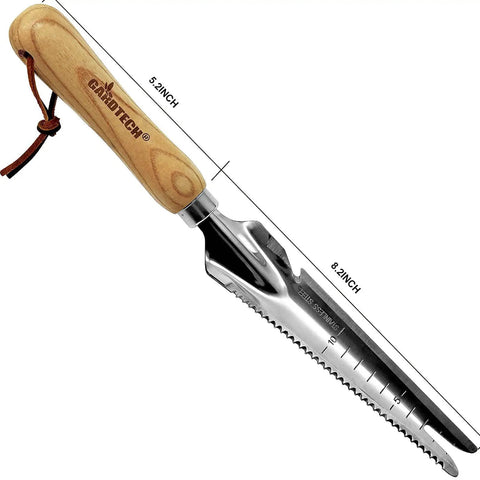 Five In One Hand Weeder Puller Tool For Garden Weeds Dandelion Fork And Weeding Knife with wooden handle and measuring marks
