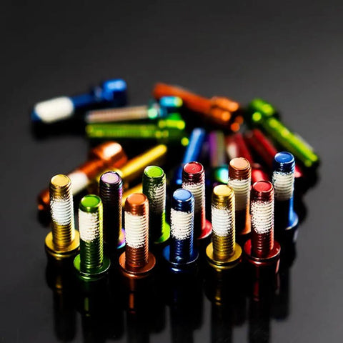 Colorful Six Pack Mountain Bike Stem Bolts M5 X 18mm Hex Socket Steel Screws for MTB DH BMX Road Bikes displayed on black surface