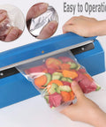 Person sealing bag of mixed vegetables with 8 Inch Impulse Heat Sealer For Plastic Bags Manual Tabletop Sealer With Adjustable Temperature No Warm Up Instant Use Lightweight Portable For PE And PP Bags Includes Extra Replacement Element And Easy Grip