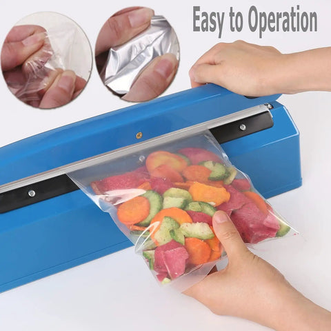 Person sealing bag of mixed vegetables with 8 Inch Impulse Heat Sealer For Plastic Bags Manual Tabletop Sealer With Adjustable Temperature No Warm Up Instant Use Lightweight Portable For PE And PP Bags Includes Extra Replacement Element And Easy Grip