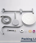 10 Inch Rain Shower Head With Handheld System And 24 Inch Drill Free Sliding Bar For Easy Reach Low 3 Way Diverter 4 Setting Handheld Spray 5 Foot Stainless Steel Hose Chrome Finish Great DIY Spa Upgrade components laid out.
