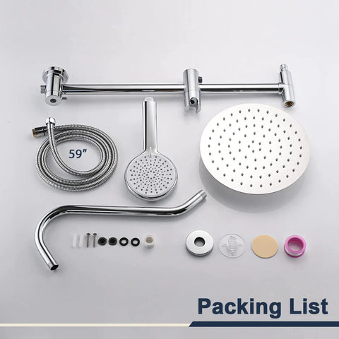 10 Inch Rain Shower Head With Handheld System And 24 Inch Drill Free Sliding Bar For Easy Reach Low 3 Way Diverter 4 Setting Handheld Spray 5 Foot Stainless Steel Hose Chrome Finish Great DIY Spa Upgrade components laid out.