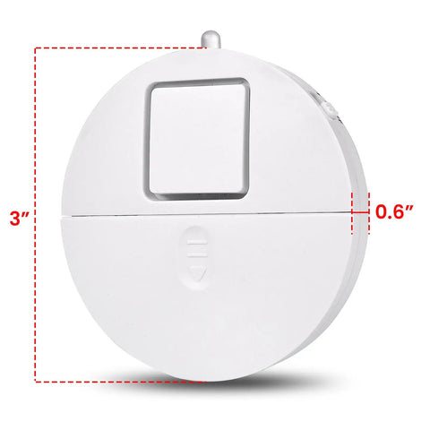 Window Alarm System 4 Pack Ultra Loud 120dB Alarms With Advanced Vibration Sensors For Glass Break Detection Ideal For Home Office Garage RV Dorm And Sliding Or Traditional Windows Includes Low Battery LED Indicator, white round 3-inch alarm front view