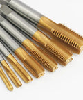 M10 X 1.5 HSS Ti-Coated Straight Flute Thread Tap Right Hand Pro Grade Tool for Precision Threads, multiple sizes displayed