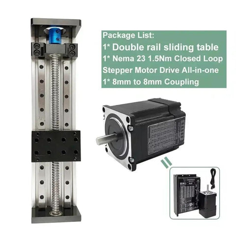 SFU1605 Linear Guide Rail And Ball Screw Motor Kit For Cnc Router Upgrade featuring double rail sliding table and Nema 23 stepper motor.