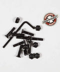 Seven Eighths Inch Black Allen Head Go-To Skateboard Truck Hardware Set With Cross Bolts and Logo Heads on white background