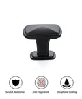 Single Hole Square Kitchen Cabinet Knobs In Matte Black, 25 Pack, Modern Euro Style Hardware To Upgrade Your Cabinets, Durable Metal Construction, Easy Install, Ideal For Kitchens, Bathrooms, And Dressers. Square matte black cabinet knob with scratch-resistant finish.