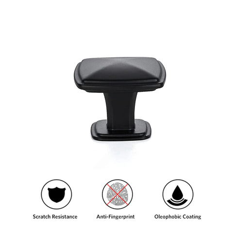 Single Hole Square Kitchen Cabinet Knobs In Matte Black, 25 Pack, Modern Euro Style Hardware To Upgrade Your Cabinets, Durable Metal Construction, Easy Install, Ideal For Kitchens, Bathrooms, And Dressers. Square matte black cabinet knob with scratch-resistant finish.