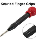 Heavy Duty Built Different Spring Loaded Center Punch 2 Pack With Adjustable Depth Control Brass Body And Heat Treated Steel Tip close-up showing knurled grip and red plastic cap.