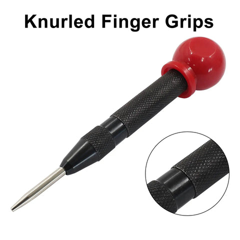 Heavy Duty Built Different Spring Loaded Center Punch 2 Pack With Adjustable Depth Control Brass Body And Heat Treated Steel Tip close-up showing knurled grip and red plastic cap.