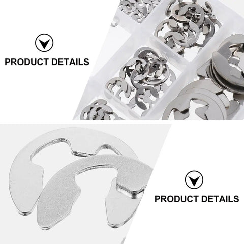 Premium Stainless Steel External Retaining Rings Assortment Snap Ring Kit 400pcs Circlip Set for Automotive, Machinery And Heavy Duty DIY Projects That Really Rock in clear storage container, showing multiple snap rings.