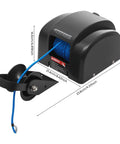Electric Boat Anchor Winch With Remote Pulls 100 Feet Of Rope Effortlessly For Small Vessels Up To 24 Feet, showing dimensions and blue rope.