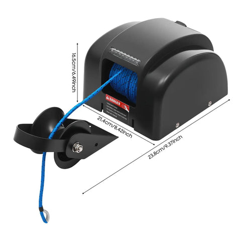 Electric Boat Anchor Winch With Remote Pulls 100 Feet Of Rope Effortlessly For Small Vessels Up To 24 Feet, showing dimensions and blue rope.