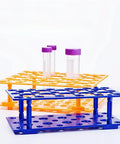Two Pack 28 Well Test Tube Rack For 10ml 15ml And 50ml Tubes, Detachable Lab Tube Holder with tubes inserted, blue and orange