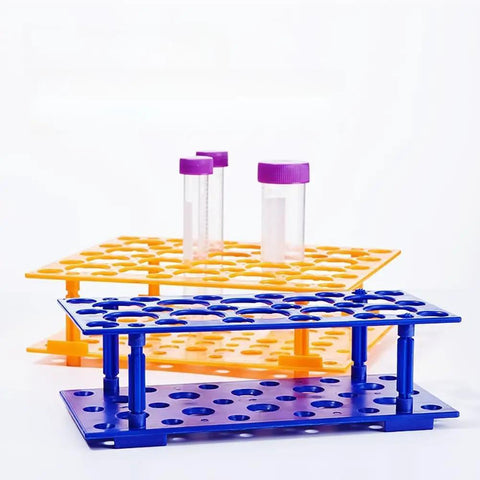 Two Pack 28 Well Test Tube Rack For 10ml 15ml And 50ml Tubes, Detachable Lab Tube Holder with tubes inserted, blue and orange
