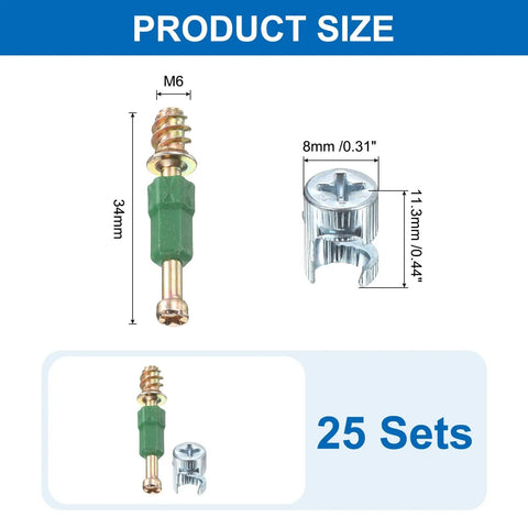 Top Shelf Cam Locking Screws And M6x34mm Furniture Connector Kit With Rock Solid Dowel Pins For Hassle Free Cabinet Assembly And Table Splicing Setup Green Color 25 Pack Bundle showing dimensions of M6 screw and cam lock.