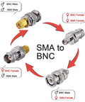 Diagram of BNC to SMA Coax Adapter for Baofeng UV-5R Ham Radio, HT Antenna, showing connectors and gender identifiers.