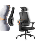 Ergonomic Office Chair With Auto Following Lumbar Support and adjustable headrest showcasing lumbar tracking feature next to a woman's back
