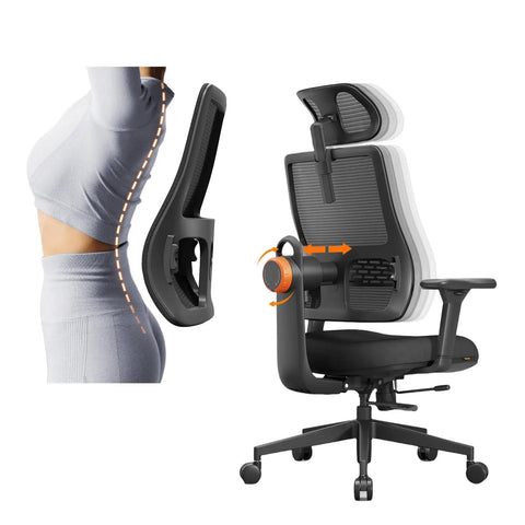 Ergonomic Office Chair With Auto Following Lumbar Support and adjustable headrest showcasing lumbar tracking feature next to a woman's back