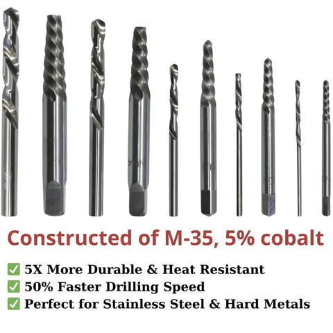 10-piece Left-Hand Drill Bit And Screw Extractor Set, includes M35 cobalt HSS bits, for stripped screws and broken bolts removal.