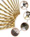 Left Hand Drill Bit Set 13 Pc For Metal Wood Plastic HSS M2 Titanium Nitride Coated 135 Degree Split Point Reverse Drills SAE