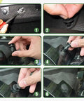 Universal Car Retainer Clips Kit With 200 Pcs Nylon Fasteners installation on bumpers and panels, showing six-step process
