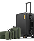 LEVEL8 20-inch zipperless carry-on suitcase with aluminum frame and black hard-shell; includes green packing organizers