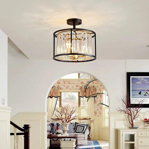 Crystal Semi Flush Mount Ceiling Light Fixture With 3 Light Modern Farmhouse LED Drum Crystal Lamp E12 Base D13 X H15 Gold Matte Black Finish Metal Frame Dope Shine For Living Room