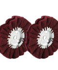 8 Inch Non-Woven Satin Buffing Wheel With 5/8 Inch Arbor for Angle Grinders, Pro Grade, shown as a set of 2 red wheels