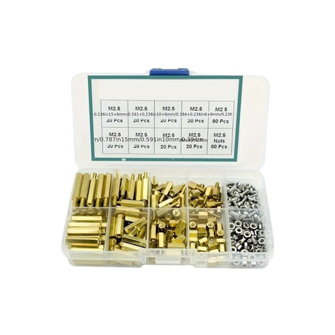 280 Pcs M2.5 Bolt and Nut Set With Brass Spacers Stainless Steel Screws and Nuts All In One Kit for Equipment Repair and DIY Projects Includes Multiple Diameters and Lengths to Fit Different Thicknesses, open organizer with brass spacers and silver nuts
