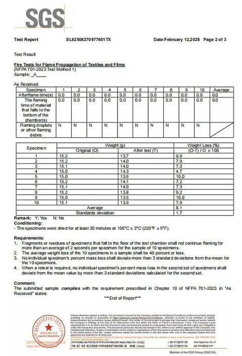 SGS test report for NFPA 701 compliance of fire retardant blackout curtains, detailing flame propagation results for textiles.