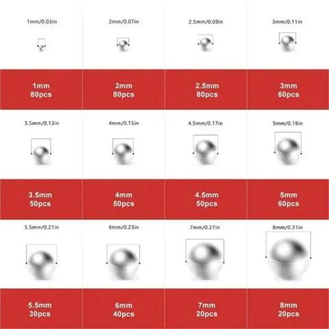 Stainless Steel Bearing Balls Kit 620 Pcs Mini Solid Beads In 1mm To 8mm Pro Grade Precision Tolerance Rust Resistant For Bearings DIY Projects Jewelry Model Making Crafting Tools size chart