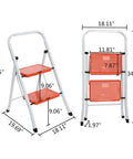 2 Step Folding Ladder With Handgrip, Heavy Duty Step Stool For Home And Kitchen, dimensions displayed, compact fold shown