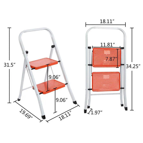 2 Step Folding Ladder With Handgrip, Heavy Duty Step Stool For Home And Kitchen, dimensions displayed, compact fold shown