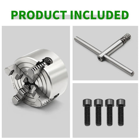 Rugged 100mm Independent Lathe Chuck 4 Jaw Grips 4 Inch Capacity 3500 RPM Hardened Steel Construction with key and screws