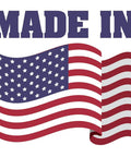 Illustration of a waving American flag with the text 'Made in' above, symbolizing USA-made products.
