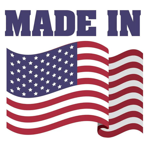 Illustration of a waving American flag with the text 'Made in' above, symbolizing USA-made products.