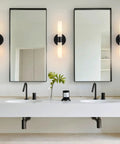 Set Of Two Matte Black Wall Sconces With White Glass Shades For A Modern Bathroom And Living Room, Durable Metal Fixtures, Wall Mounted Lamps