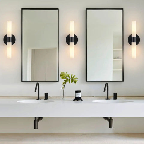 Set Of Two Matte Black Wall Sconces With White Glass Shades For A Modern Bathroom And Living Room, Durable Metal Fixtures, Wall Mounted Lamps