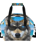 Front view of an Insulated Lunch Box Tote Cooler Bag With Leakproof Design featuring a wolf with sunglasses, adjustable shoulder strap.