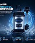 Heavy Duty Submersible Sump Pump With Three Quarter Horsepower Motor Kicks Standing Water To The Curb At 3800 GPH And 30 Foot Head featuring automatic float switch and power cord.