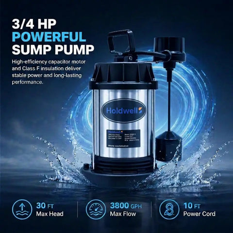 Heavy Duty Submersible Sump Pump With Three Quarter Horsepower Motor Kicks Standing Water To The Curb At 3800 GPH And 30 Foot Head featuring automatic float switch and power cord.