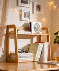 Natural Bamboo Coffee Station Organizer, 2-Tier Wooden Counter Shelf For Bar Gear And Syrup Bottles with books and decor