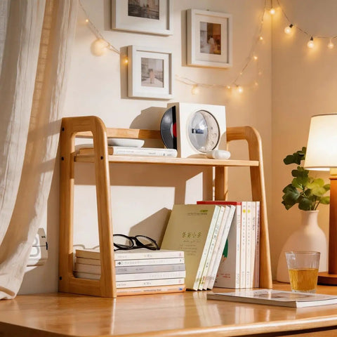 Natural Bamboo Coffee Station Organizer, 2-Tier Wooden Counter Shelf For Bar Gear And Syrup Bottles with books and decor