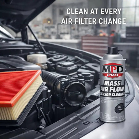 Delicate MAF Sensor Cleaner Spray With Professional Formula That Cleans Without Residue, Safely Removes Buildup For Accurate Readings, And Boosts Engine Performance, Fuel Efficiency, And Throttle Response Pack One next to a car engine and air filter