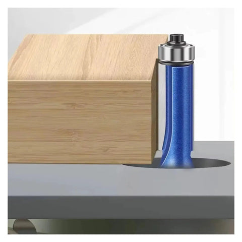 Super Cool Extended Trimming Router Bit For Pros With 12mm Or Half Inch Shank and smooth cutting edges shown with wood.