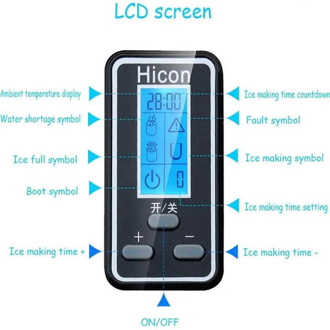 Portable Countertop Ice Maker Dropping Fresh Cubes Fast With A Clear Viewing Window Crafted From Safe ABS Plastic showing LCD control panel features.