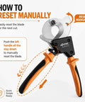 Heavy Duty Ratcheting Cable Cutter Cuts Copper And Aluminum Wire Up To 600 Mcm Pro Electrician Tool with manual reset instructions.