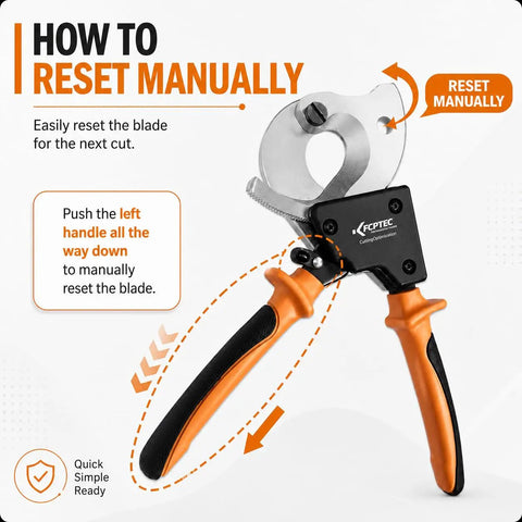 Heavy Duty Ratcheting Cable Cutter Cuts Copper And Aluminum Wire Up To 600 Mcm Pro Electrician Tool with manual reset instructions.